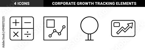 Business and finance icon set. Vector pictograms of calculator, data analytics chart, growth arrow and globe stand, black outline illustration.