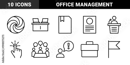 Business management line icon set. Vector pictograms of document, desk, laptops, spiral, profile, podium, speaker, meeting, click, briefcase, and flag, thin outline illustration.