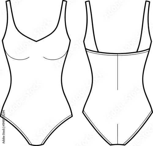 Women one piece bodysuit swimsuit technical fashion flat sketch front and back view minimalist swimwear apparel design template