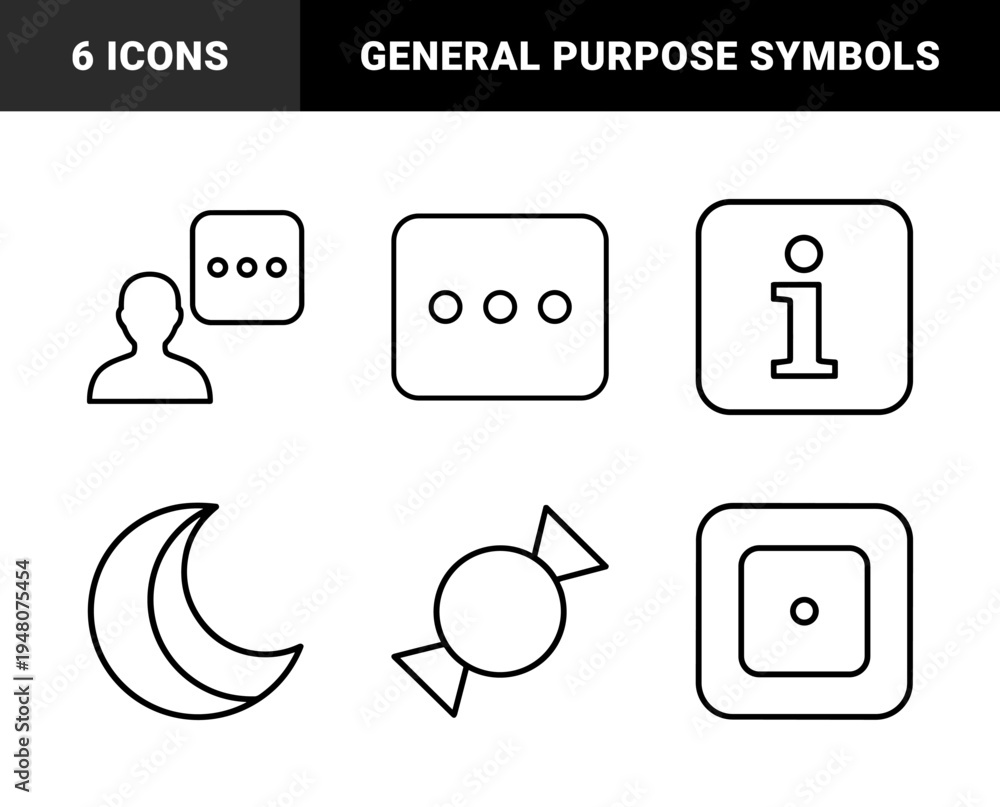 Fototapeta premium Universal interface icon set. Vector pictograms of chat bubbles, user profile, information sign, dice, candy, crescent moon, and plus symbol, thin outline illustration.