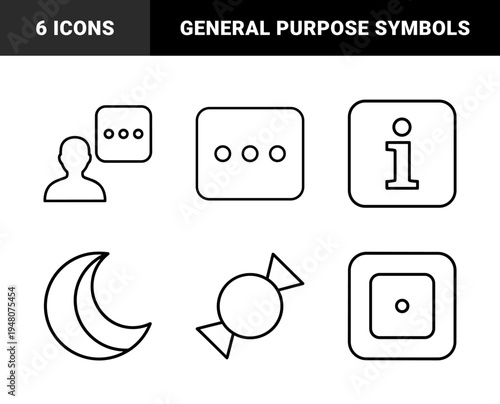 Universal interface icon set. Vector pictograms of chat bubbles, user profile, information sign, dice, candy, crescent moon, and plus symbol, thin outline illustration.