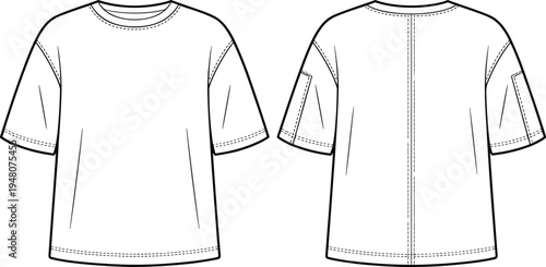 Women oversized t shirt technical fashion flat sketch front and back view short sleeve casual apparel design template