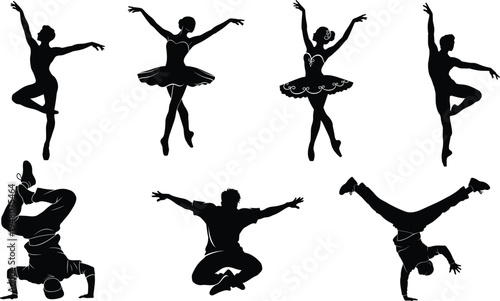 Ballet and Breakdance Dancer Silhouettes Vector Set, Elegant Ballet Poses and Urban Hip Hop Dance Moves Illustration