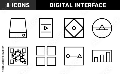 Interface line icon set. Vector pictograms of storage, video player, navigation, scanning, grid, bar chart, and connection, thin outline illustration.