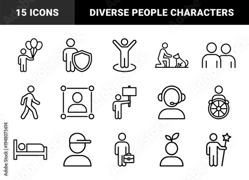 People and lifestyle line icon set. Vector pictograms of dog owner, child with balloons, security guard, traveler, protester, disabled person and worker illustration.