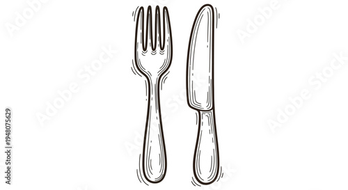 Simple Line Drawing of Fork and Knife.