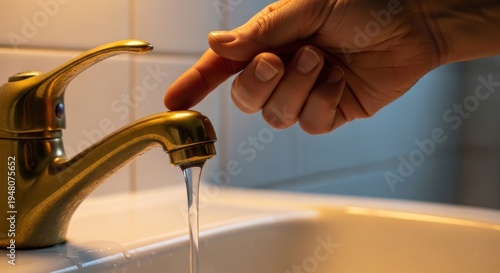Close up of a human hand gently turning off a gleaming brass faucet, with a stream of clear water flowing into a sink
