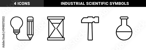 Creative and industrial line icon set. Vector pictograms of lightbulb, pencil, hourglass, laboratory flask, and hammer, thin outline illustration.