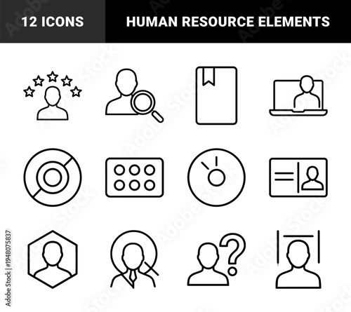 Business and human resources icon set featuring vector pictograms of magnifying glass, rating stars, laptop user, bookmark, identification card, and profile symbols.