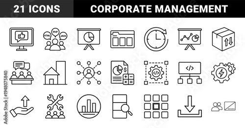 Business management and agile development line icon set. Vector pictograms of charts, coding, sprint, team, data, and project growth, thin outline illustration.