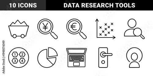 Business and data analysis line icon set. Vector pictograms of magnifier, scatter plot, mine cart, laptop, pie chart, user, and balance scale, thin outline illustration.