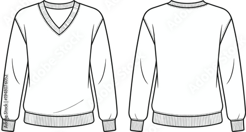 Women v neck pullover sweater technical fashion flat sketch front and back view long sleeve knit apparel template