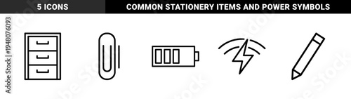 Office and utility line icon set. Vector pictograms of filing cabinet, paperclip, battery, bolt energy, and pencil, black outline illustration.