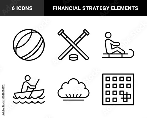 Business and finance icon set. Vector pictograms of calculator, briefcase, chart, lightbulb, handshake, coin, safe, and target, black silhouette illustration.