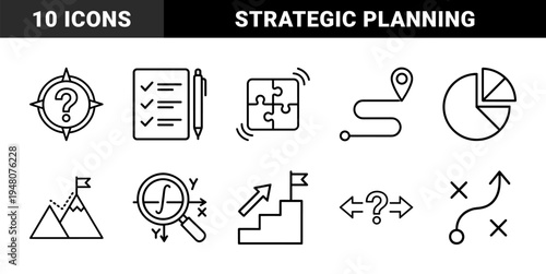 Business strategy icon set. Vector pictograms of checklist, roadmap, puzzle, compass, chart, mountain peak, stairs, and magnifying glass, thin outline illustration.