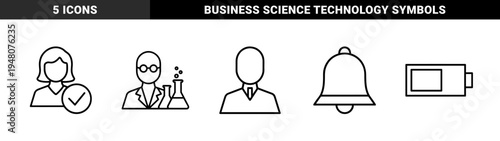 Miscellaneous line icon set. Vector pictograms of businessman, verified user, scientist, laboratory flasks, notification bell, and battery level, thin outline illustration.