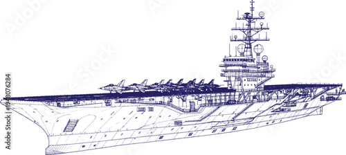 Aircraft Carrier Warship Side Profile Vector Line Art, Military Naval Vessel with Flight Deck Radar Tower and Fighter Jets on Deck, Detailed Navy Warship Outline