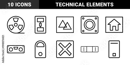 Industrial and technology line icon set. Vector pictograms of radiation, speaker, mountains, house, padlock, tape, and cancel, thin outline illustration.