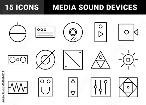Audio and media equipment icon set. Vector pictograms of speakers, microphone, player, disc, volume mixer, and equalizer, thin outline illustration.