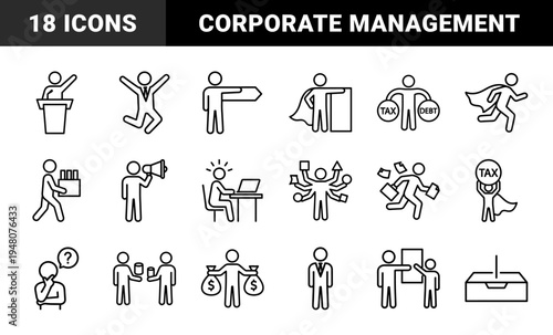 Business management icon set. Vector pictograms of leader, taxes, debt, podium, laptop, megaphone, multitasking, and finances, black outline illustration.