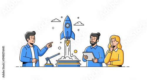 Business data analysis meeting at a cartoon rocket launchpad, illustration from a front‑view showing three professionals preparing for lift‑off
