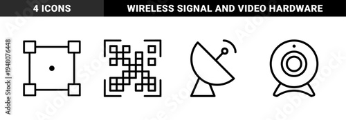 Technology and communication line icon set. Vector pictograms of digital scanner, webcam, satellite dish, and focus frame, thin outline illustration.