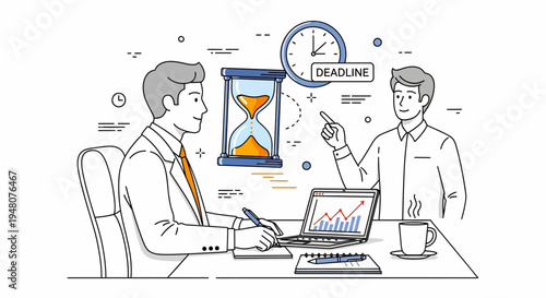 Two men in a business meeting discussing data analysis, pointing at a laptop screen with deadline hourglass and clock in a white studio illustration