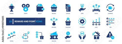 Reward point system icon set. loyalty, bonus, incentive, gamification, achievement. solid style icon collection