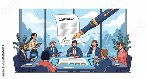 A worker presents contract to colleagues during labor meeting at office