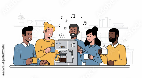 Business data analysis meeting captured in a cheerful cartoon illustration of five colleagues sharing coffee in an urban cafe setting