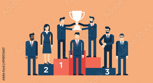 Business data analysis meeting on a vibrant podium, celebrating team success with trophy in a celebratory setting, front view illustration