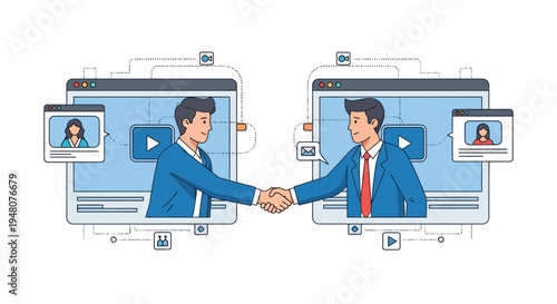 Business professionals engage in data analysis meeting via video call on computer screens