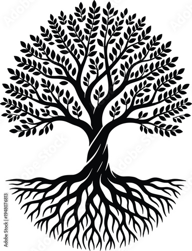 Black tree of life silhouette with intricate roots and branches isolated on white, symbolic vector illustration for family heritage, spiritual growth, and nature conservation