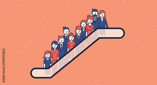 a team of people moving up, cartoon illustration, peach background, light pink steps, group progression