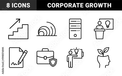 Business growth and corporate development icon set. Vector pictograms of server, stairs, briefcase, document, presentation, and brain plant, thin outline illustration.