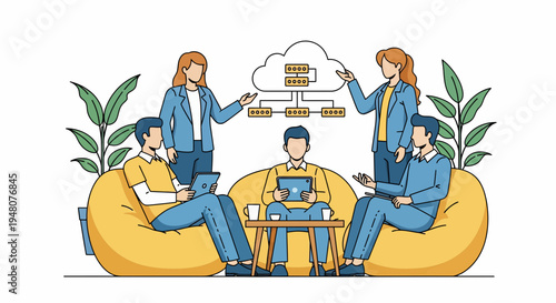 Team Collaboration Around Beanbag Office, Laptop Discussions in a Relaxed Setting