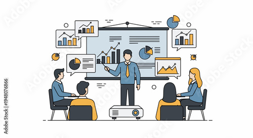 presenter directs audience to projector screen with charts and graphs in a lively conference setting