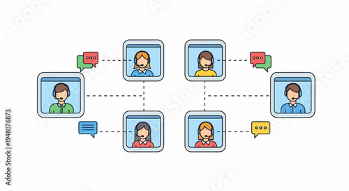 Six Professionals (Man, Woman) Communicate via Speech Bubble Interaction and Communication in a Clean White Graphic