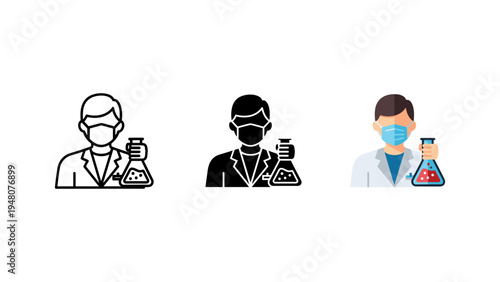 three scientists in lab coats with face masks and chemical flasks flat design vector illustration
