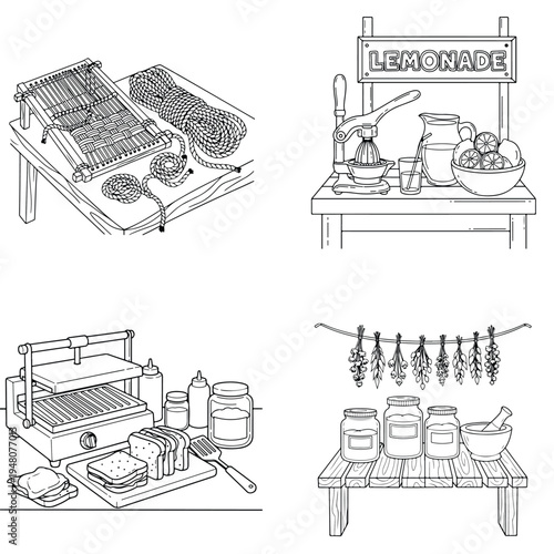 Sandwich making station with bread and condiments vector with food preparation with coloring page