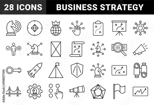 Strategy business line icon set. Vector pictograms of chess knight, growth chart, target, rocket, globe, magnifying glass, and binoculars, thin outline illustration.