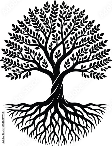 Intricate tree of life vector illustration with circular leafy canopy and deep roots isolated on white background for genealogy spiritual and environmental design