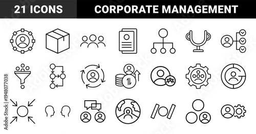 Business management and human resources line icon set. Vector pictograms of team, hierarchy, box, trophy, funnel, gear, globe, and communication, thin outline illustration.