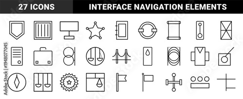 Business and interface line icon set. Vector pictograms of shield, briefcase, bridge, scales, compass, flag, document, star, and scroll, thin outline illustration.