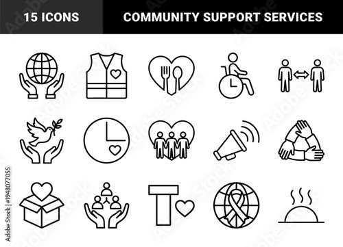 Charity and volunteer line icon set. Vector pictograms of globe, vest, social distance, disability, food, megaphone, peace dove, time, and heart, thin outline illustration.
