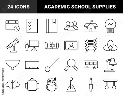 Education and science line icon set. Vector pictograms of book, calendar, school, telescope, diploma, bus, and owl, thin outline illustration.