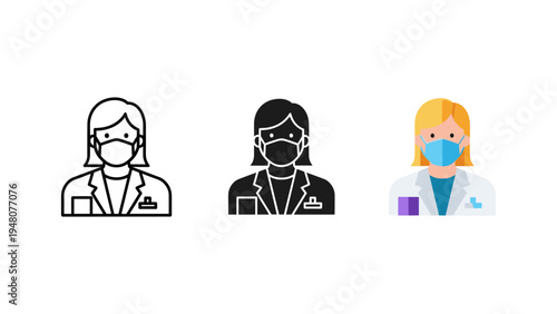 three diverse professionals wearing face masks vector illustration flat design