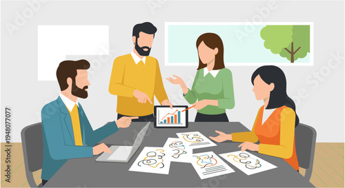 Diverse business team discussing strategy in modern office with laptop and papers in bright corporate lighting for teamwork