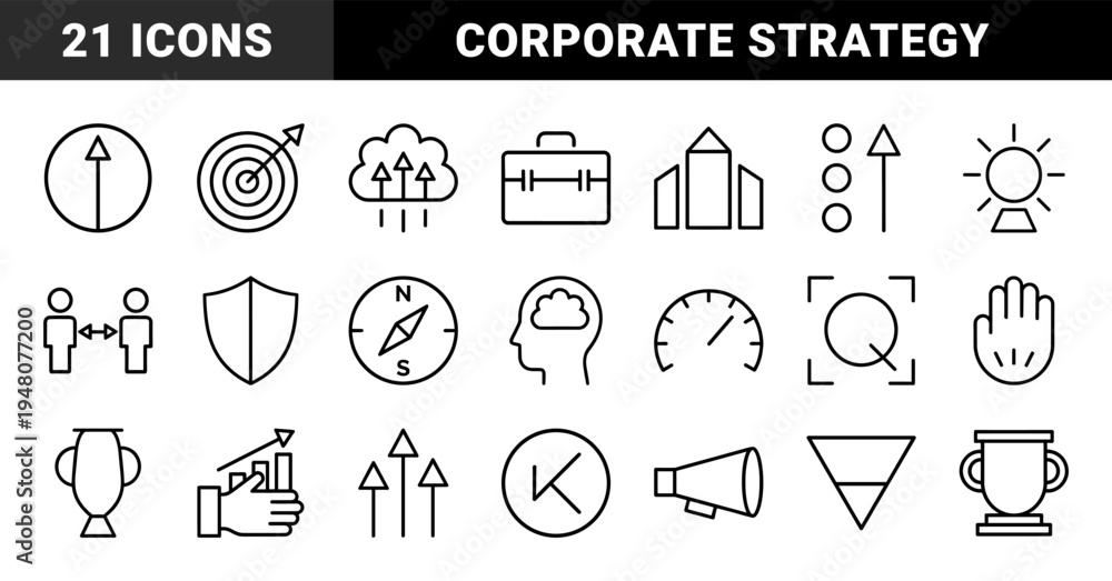 Fototapeta premium Business management and strategy line icon set. Vector pictograms of target, briefcase, trophy, megaphone, compass, and progress charts, thin outline illustration.