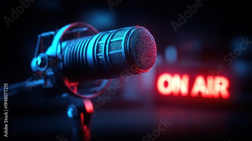 Professional microphone with neon 'On Air' sign in a dark studio setting
